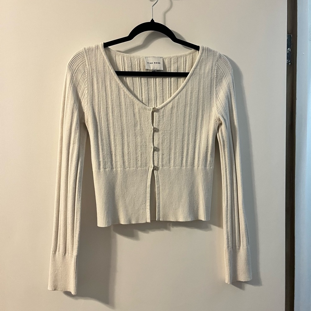 Pink Rose Cream Ribbed Knit Crop Top